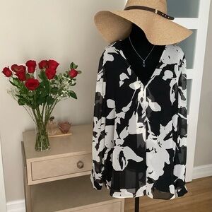 Calvin Klein Black and White Asymmetrical Long Sleeve Blouse